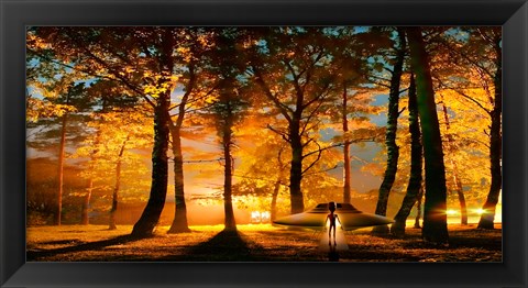 Framed Alien and UFO in the forest Print