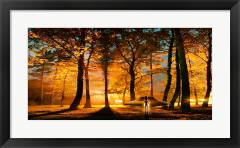 Framed Alien and UFO in the forest Print