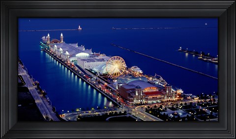 Framed Navy Pier lit up at dusk, Lake Michigan, Chicago, Cook County, Illinois, USA Print