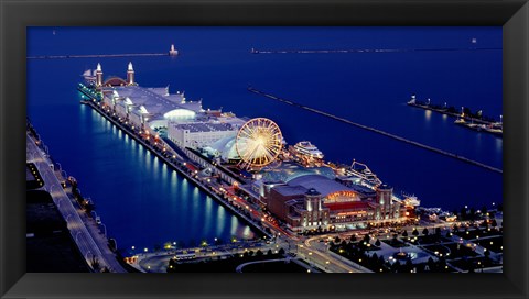 Framed Navy Pier lit up at dusk, Lake Michigan, Chicago, Cook County, Illinois, USA Print