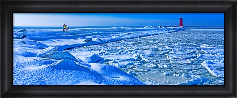 Framed Manistique Lighthouse in winter, Upper Peninsula, Michigan, USA Print