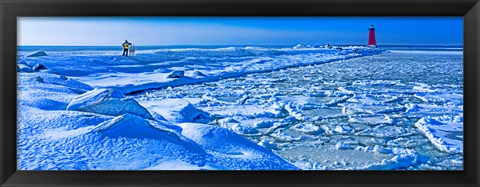 Framed Manistique Lighthouse in winter, Upper Peninsula, Michigan, USA Print