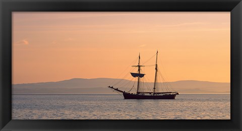 Framed Tall ship in the Baie De Douarnenez at sunrise, Finistere, Brittany, France Print