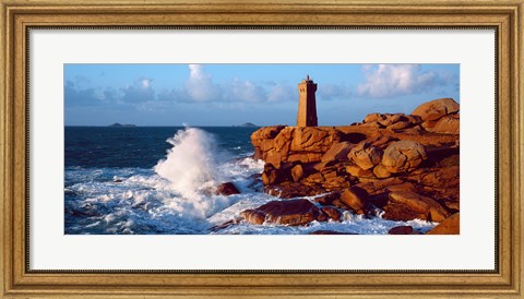 Framed Waves crashing at Ploumanac&#39;h Lighthouse, Pink Granite Coast, Perros-Guirec, Cotes-d&#39;Armor, Brittany, France Print