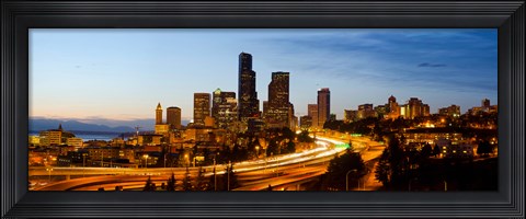 Framed Skyscrapers lit up at dusk in a city, Seattle, King County, Washington State, USA 2013 Print