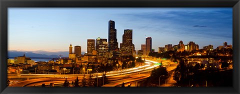 Framed Skyscrapers lit up at dusk in a city, Seattle, King County, Washington State, USA 2013 Print