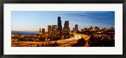 Framed Skyscrapers lit up at dusk in a city, Seattle, King County, Washington State, USA 2013 Print