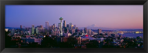 Framed High angle view of a city at sunrise, Seattle, Mt Rainier, Washington State Print