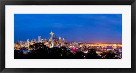 Framed High angle view of a city at dusk, Seattle, King County, Washington State, USA 2012 Print