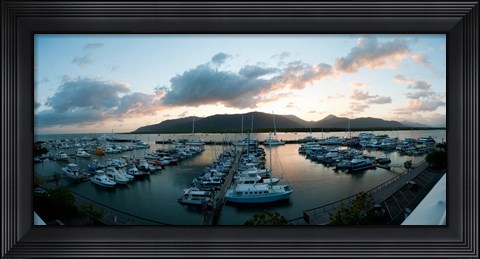 Framed Boats at a marina at dusk, Shangri-La Hotel, Cairns, Queensland, Australia Print