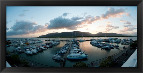 Framed Boats at a marina at dusk, Shangri-La Hotel, Cairns, Queensland, Australia Print