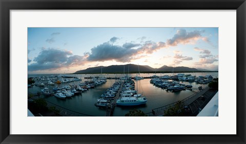 Framed Boats at a marina at dusk, Shangri-La Hotel, Cairns, Queensland, Australia Print