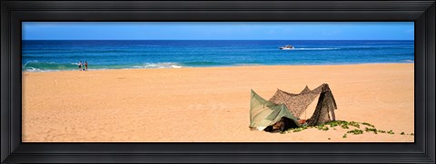 Framed Tent on the beach, Polihale State Park, Kauai, Hawaii, USA Print