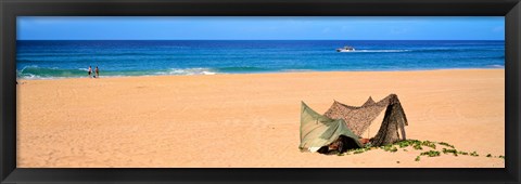 Framed Tent on the beach, Polihale State Park, Kauai, Hawaii, USA Print