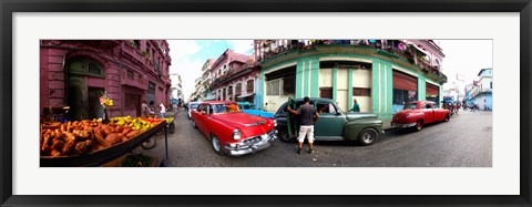 Framed 360 degree view of old cars and fruit stand on a street, Havana, Cuba Print