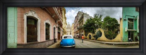 Framed Car in a street with a government building in the background, El Capitolio, Havana, Cuba Print