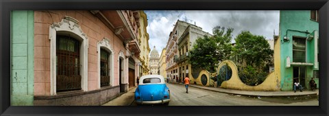 Framed Car in a street with a government building in the background, El Capitolio, Havana, Cuba Print