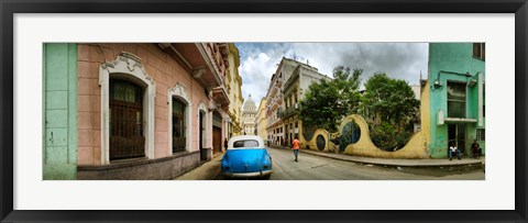 Framed Car in a street with a government building in the background, El Capitolio, Havana, Cuba Print