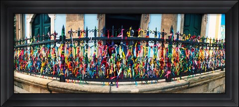 Framed Colorful Bonfim wish ribbons tied around at Church of Nosso Senhor do Bonfim, Pelourinho, Salvador, Bahia, Brazil Print