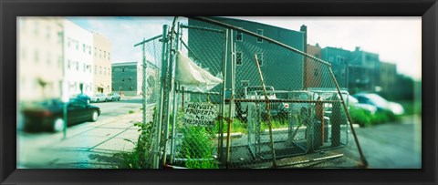 Framed Broken gate to a construction yard on a street, Williamsburg, Brooklyn, New York City, New York State, USA Print