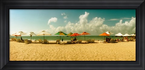 Framed People relaxing under umbrellas on the beach, Morro De Sao Paulo, Tinhare, Cairu, Bahia, Brazil Print