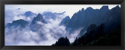 Framed High angle view of misty mountains, Huangshan Mountains, Anhui Province, China Print