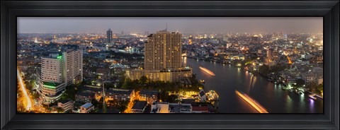 Framed High angle view of city at dusk, Chao Phraya River, Bangkok, Thailand Print