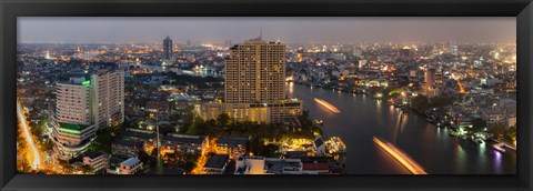 Framed High angle view of city at dusk, Chao Phraya River, Bangkok, Thailand Print