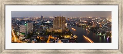 Framed High angle view of city at dusk, Chao Phraya River, Bangkok, Thailand Print