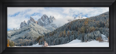 Framed Little church at the snowy valley in winter, St Johann Church, Val di Funes, Dolomites, Italy Print