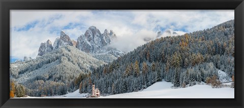 Framed Little church at the snowy valley in winter, St Johann Church, Val di Funes, Dolomites, Italy Print