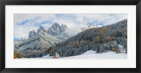 Framed Little church at the snowy valley in winter, St Johann Church, Val di Funes, Dolomites, Italy Print