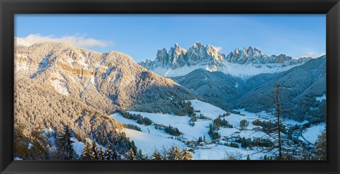 Framed Snowy valley in winter, St. Magdalena, Geisler Spitzen, Val di Funes, Dolomites, Trentino-Alto Adige, South Tyrol, Italy Print