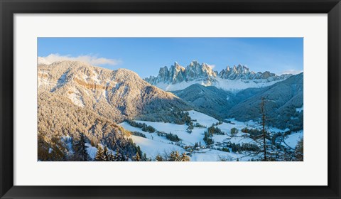 Framed Snowy valley in winter, St. Magdalena, Geisler Spitzen, Val di Funes, Dolomites, Trentino-Alto Adige, South Tyrol, Italy Print