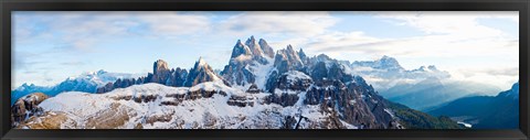 Framed Snow covered mountains, Dolomites, Dolomiti Di Sesto Nature Park, Hochpustertal, Alta Pusteria, South Tyrol, Italy Print