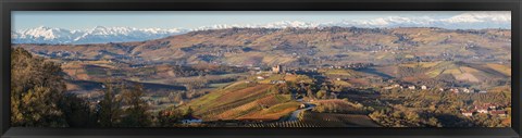 Framed High angle view of vineyards and castle, Grinzane Cavour, Langhe, Cuneo Province, Piedmont, Italy Print