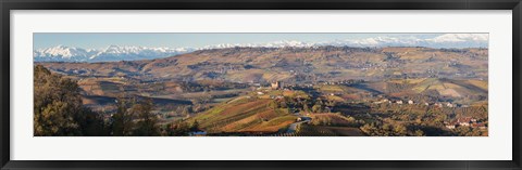 Framed High angle view of vineyards and castle, Grinzane Cavour, Langhe, Cuneo Province, Piedmont, Italy Print