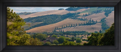 Framed High angle view of winding road in valley, Tuscany, Italy Print