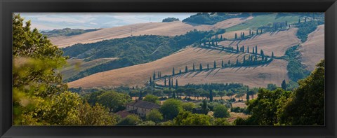 Framed High angle view of winding road in valley, Tuscany, Italy Print