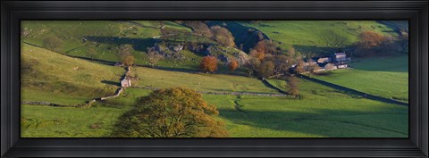 Framed High angle view of a village in valley, Dove Dale, White Peak, Peak District National Park, Derbyshire, England Print