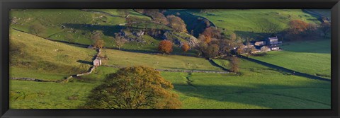 Framed High angle view of a village in valley, Dove Dale, White Peak, Peak District National Park, Derbyshire, England Print