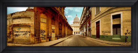 Framed Buildings along street, El Capitolio, Havana, Cuba Print