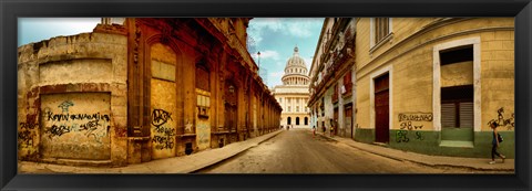 Framed Buildings along street, El Capitolio, Havana, Cuba Print