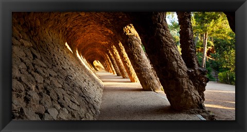 Framed Corridor in a park, Park Guell, Barcelona, Catalonia, Spain Print