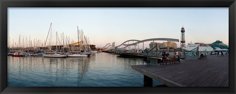 Framed Boats at a harbor, Port Vell, Barcelona, Catalonia, Spain Print