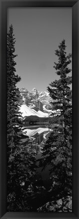 Framed Lake in front of mountains in black and white, Banff, Alberta, Canada Print