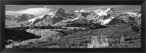 Framed Mountains covered with snow and fall colors, near Telluride, Colorado (black and white) Print