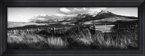 Framed Fence with mountains in the background, Colorado (black and white) Print