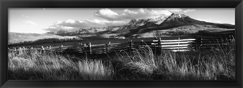 Framed Fence with mountains in the background, Colorado (black and white) Print