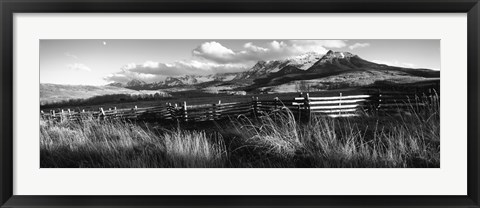 Framed Fence with mountains in the background, Colorado (black and white) Print